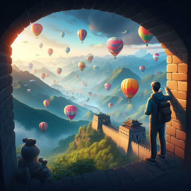 AI Prompt: animated movie scene of someone overlooking a scene of colorful hot air balloons floating above The Great Wall in China