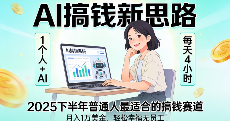 1个人+AI，每天4小时，轻松年入百万，AI搞钱新思路，2025下半年普通人最适合的搞钱赛道，都可以用AI全部实现，月入1万美金，轻松幸福还不需要任何员工